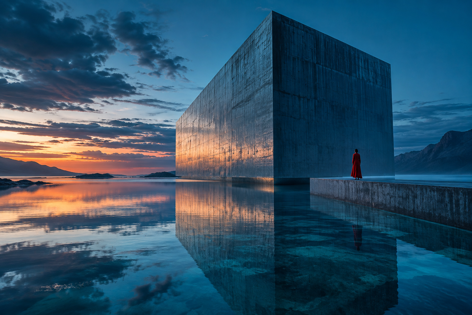 A monumental building reflected in a blue dreamlike landscape